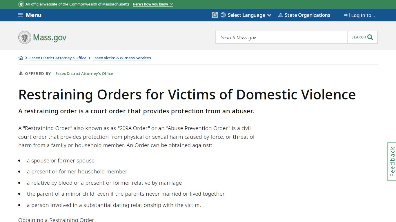 Restraining Orders for Victims of Domestic Violence | Mass.gov